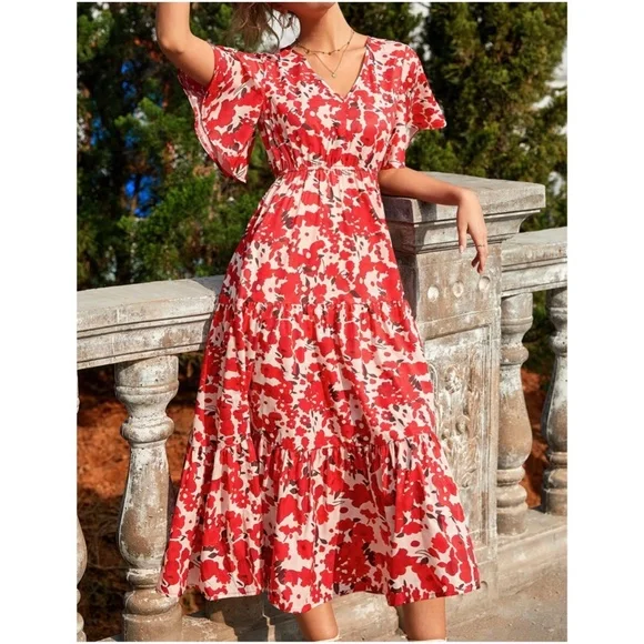 BellanBlue | Dresses | Bohemian Red Floral Print Butterfly Sleeve Maxi Dress  | Poshmark